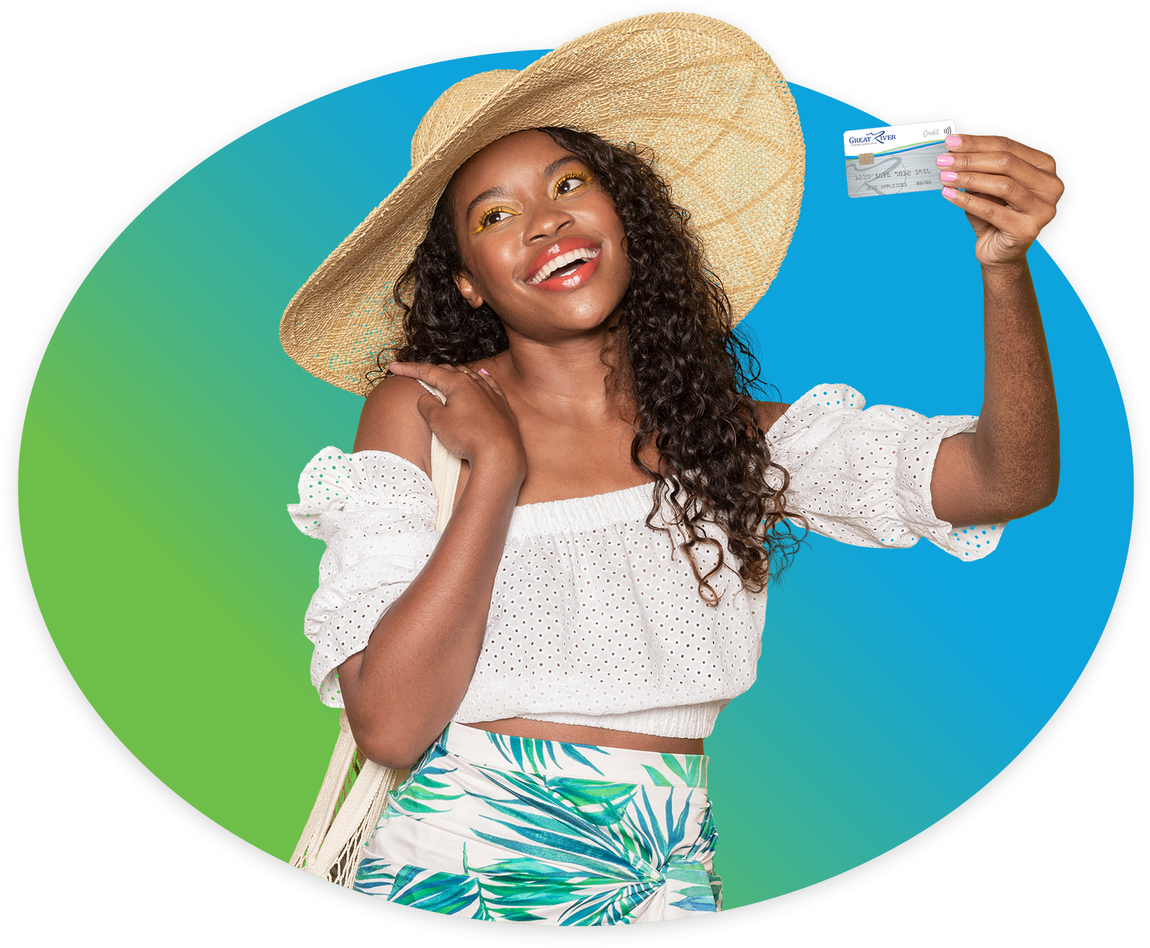 Happy woman ready for summer holding a credit card